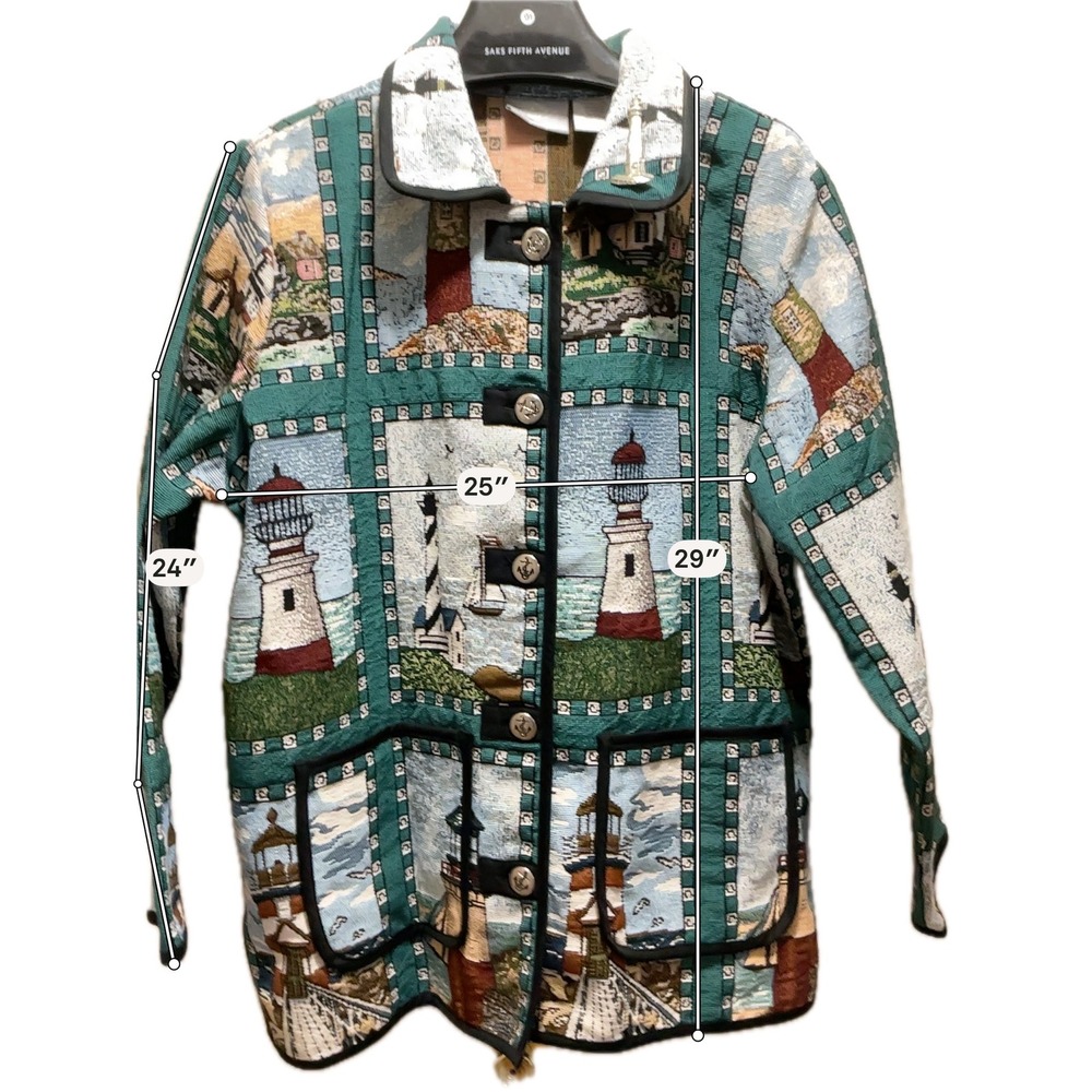Blair Tapestry Jacket Womens L Blue Green Lighthouse Nautical Vintage Coastal - Picture 4 of 11